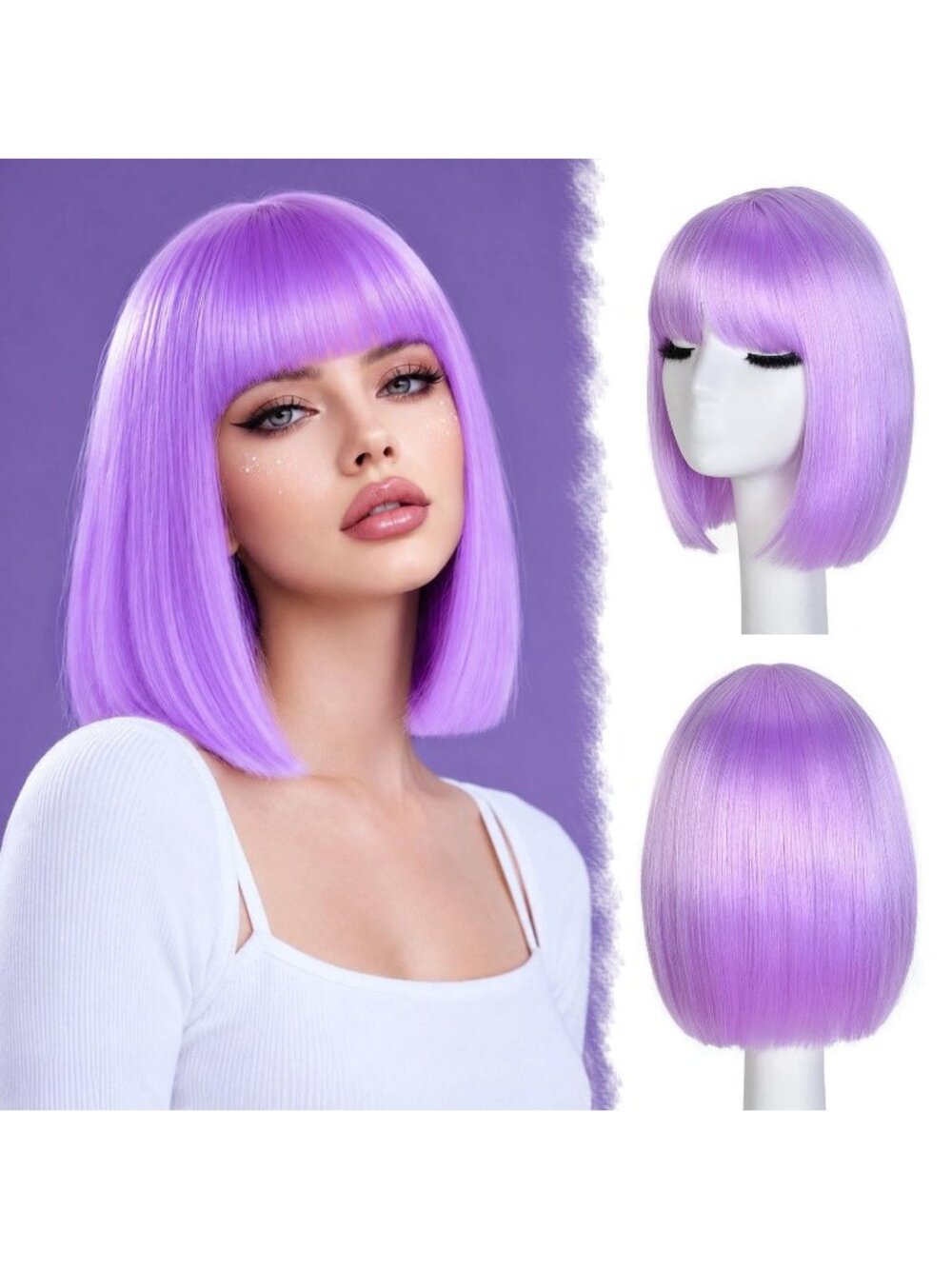 12inch Women's Purple Straight Bob Wigs Synthetic Natural Looking With Bangs